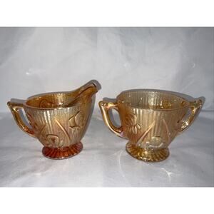 Vintage Jeanette Flower Orange Carnival Glass Sugar and Creamer Set